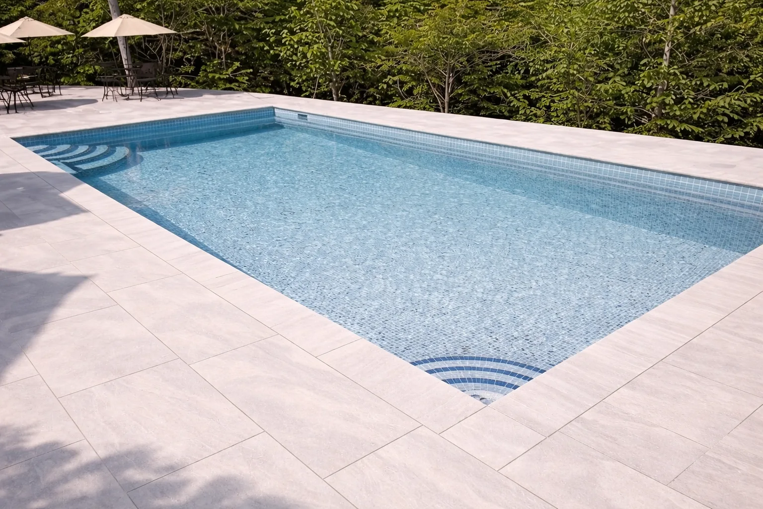 Pool remodel render with light grey glass mosaic